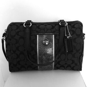 Coach Handbag Black & Grey Signature Stripe Python Satchel, Free ship
